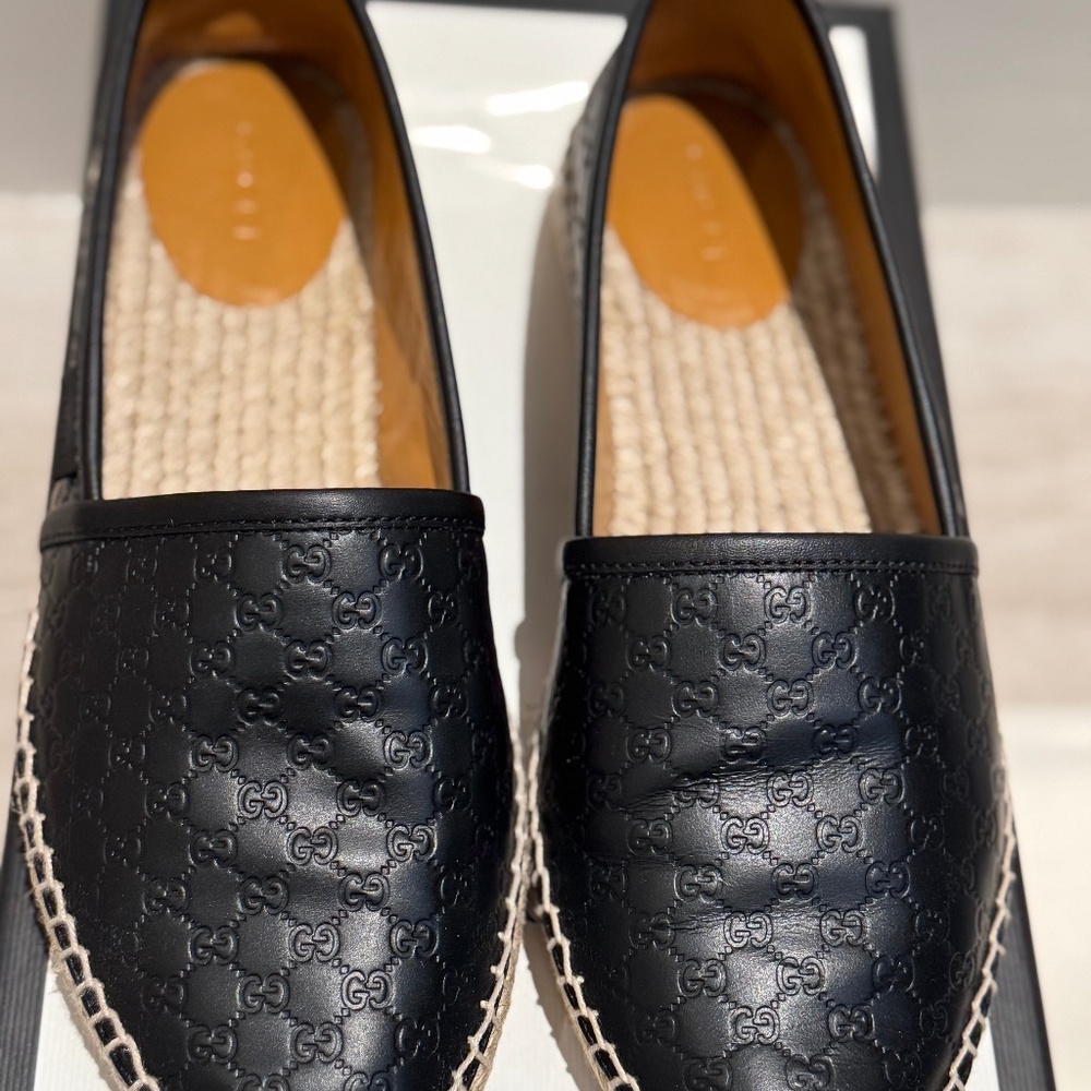 Gucci Black Embossed Leather Espadrilles with Natural Rope Edge